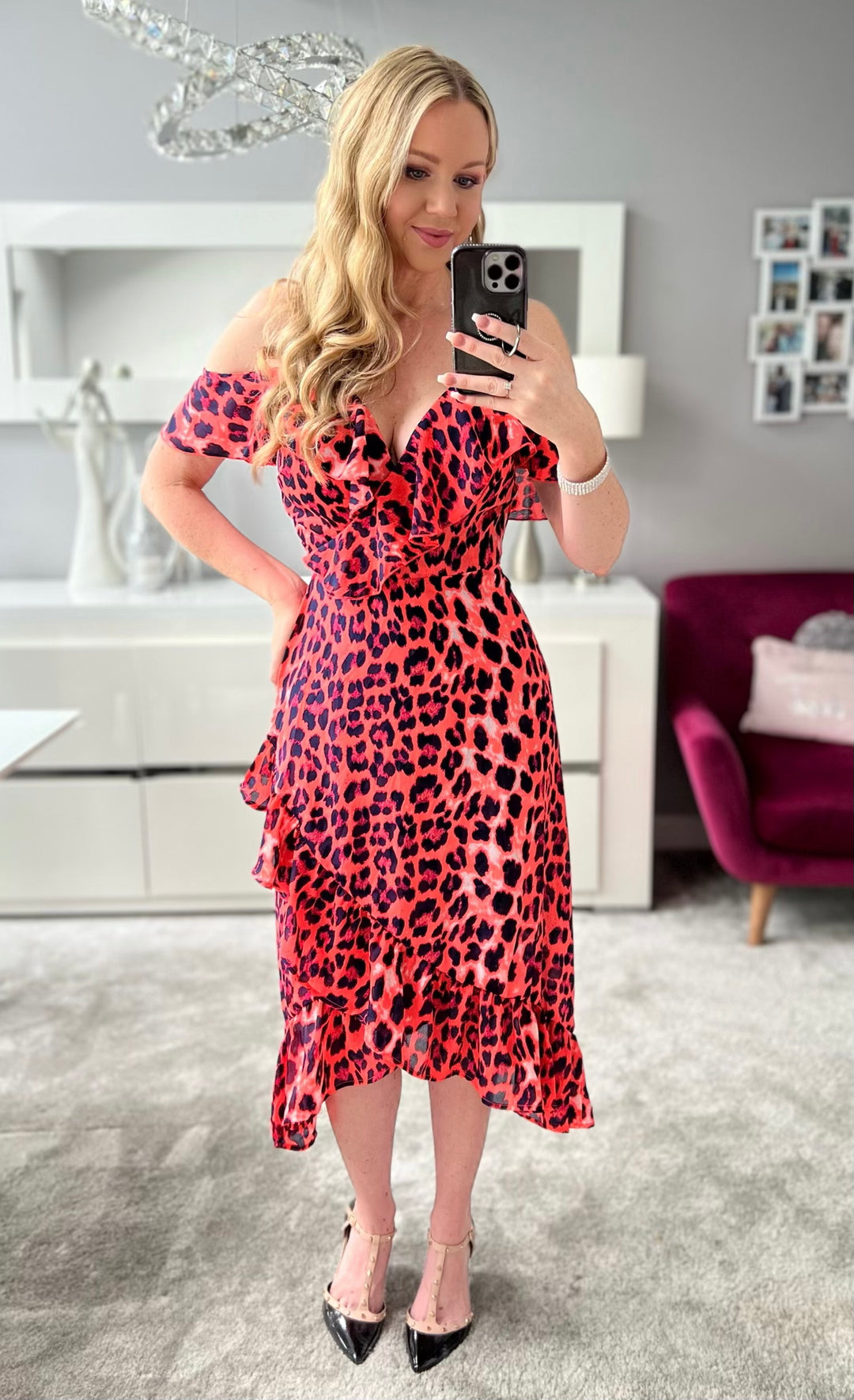 Wild Side Neon Fuchsia Leopard Print Cold Shoulder Wrap Midi Dress