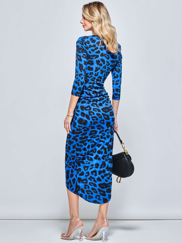 Lola Cobalt Blue Leopard Print 3/4 Sleeve Bodycon Wrap Midi/Maxi Dress