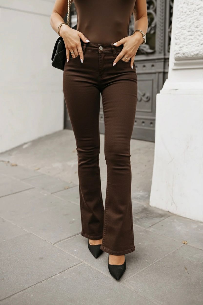 Katie Super Stretchy Chocolate Brown Denim Fitted Flared Hem Push Up High Waist Jeans