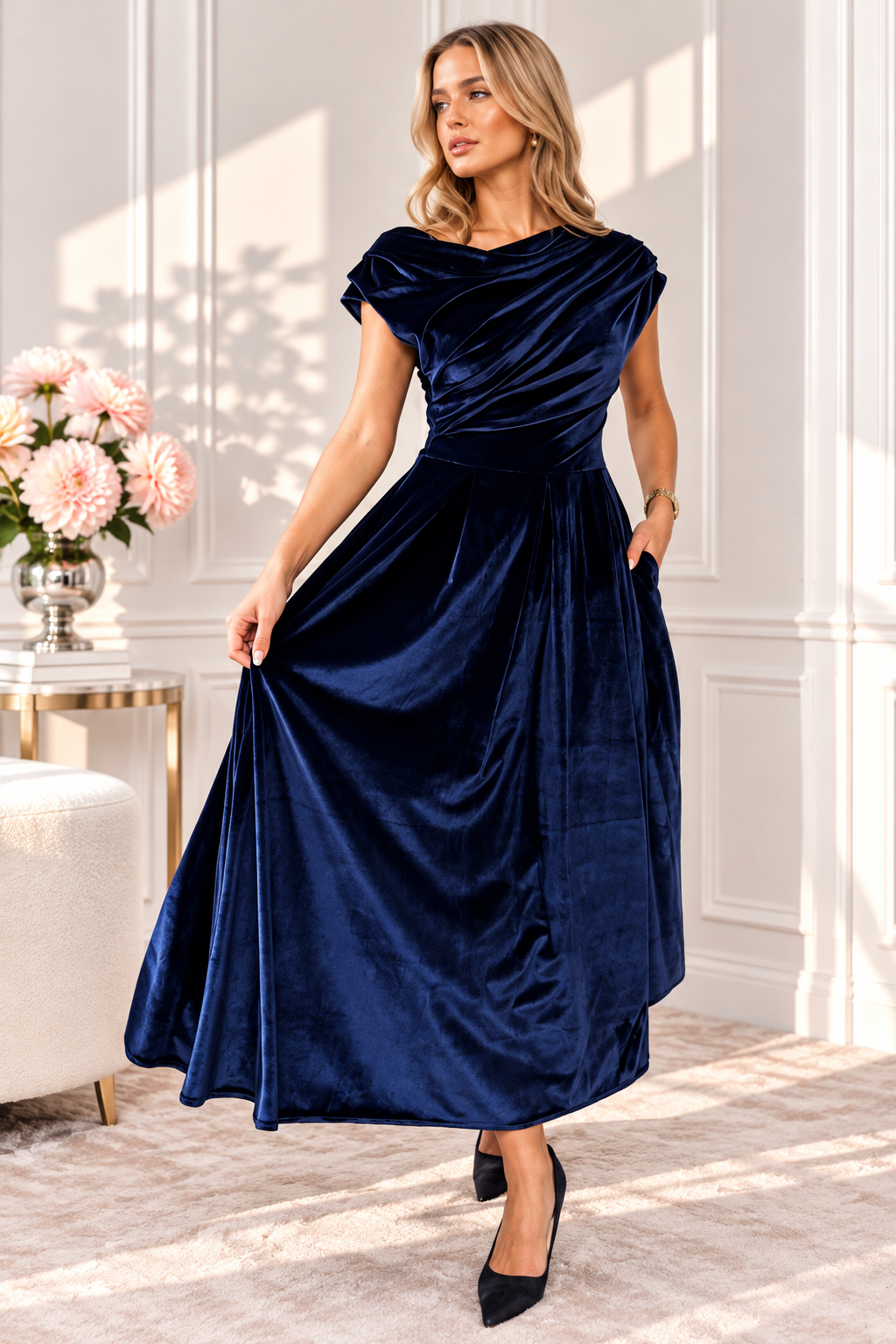 Betty Navy Velvet Asymmetric Neckline Skater Msxi Dress With Pockets