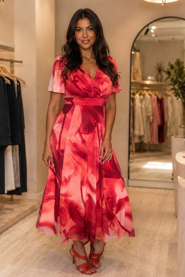 Isobel Coral Abstract Angel Sleeve Belted Mesh Maxi Dress - PETITE LENGTH (3 LENGTHS)