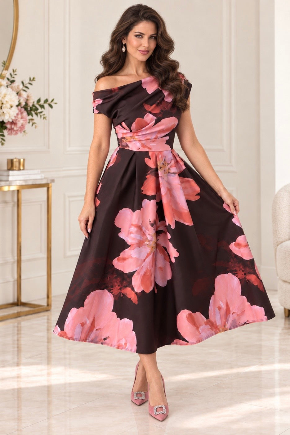 Betty Brown & Pink Floral Asymmetric Neckline Skater Maxi Dress With Pockets