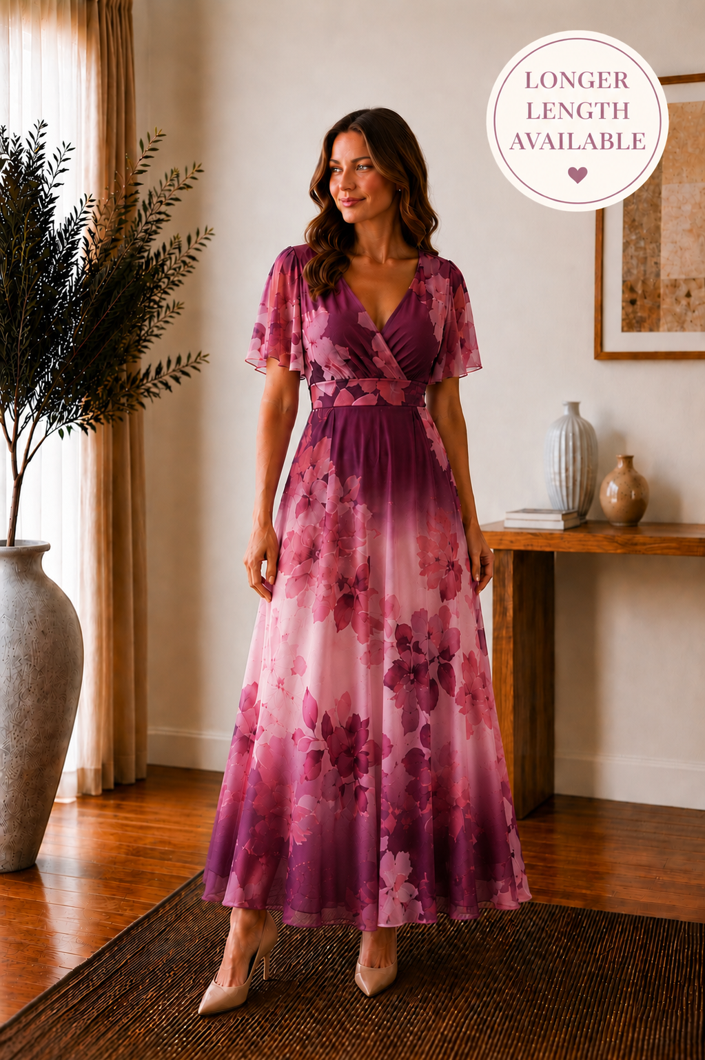 Isobel Plum Floral Angel Sleeve Belted Maxi Dress - PETITE LENGTH (3 LENGTHS)