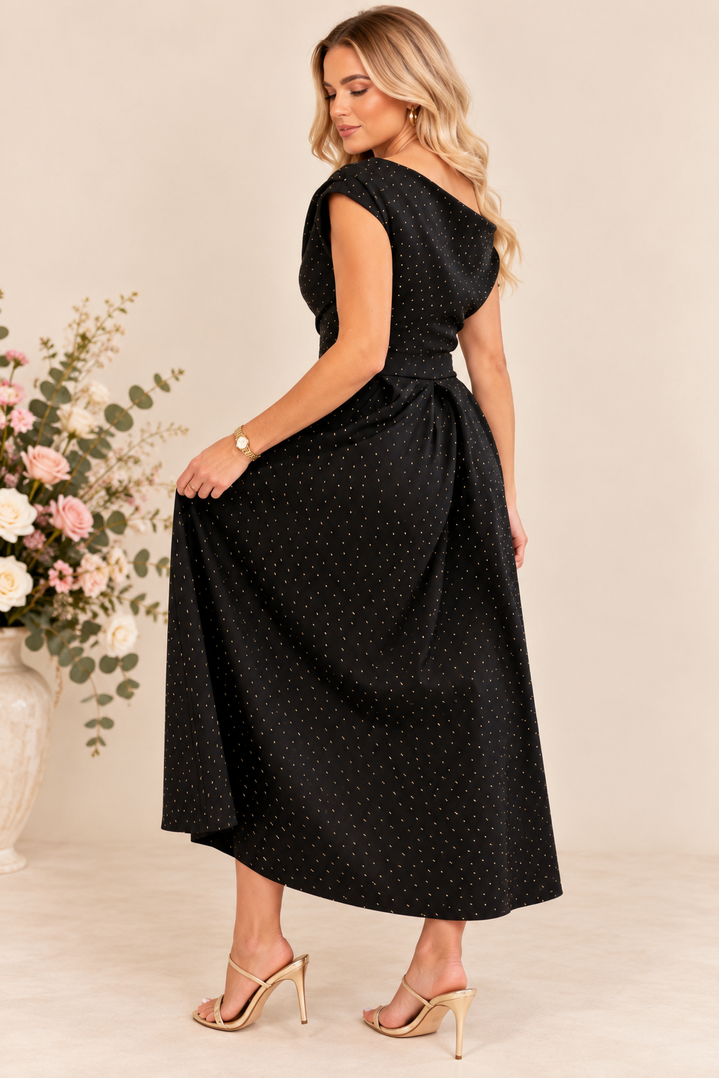 Betty Black and Gold Sparkle Asymmetric Neckline Skater Midi Dress With Pockets