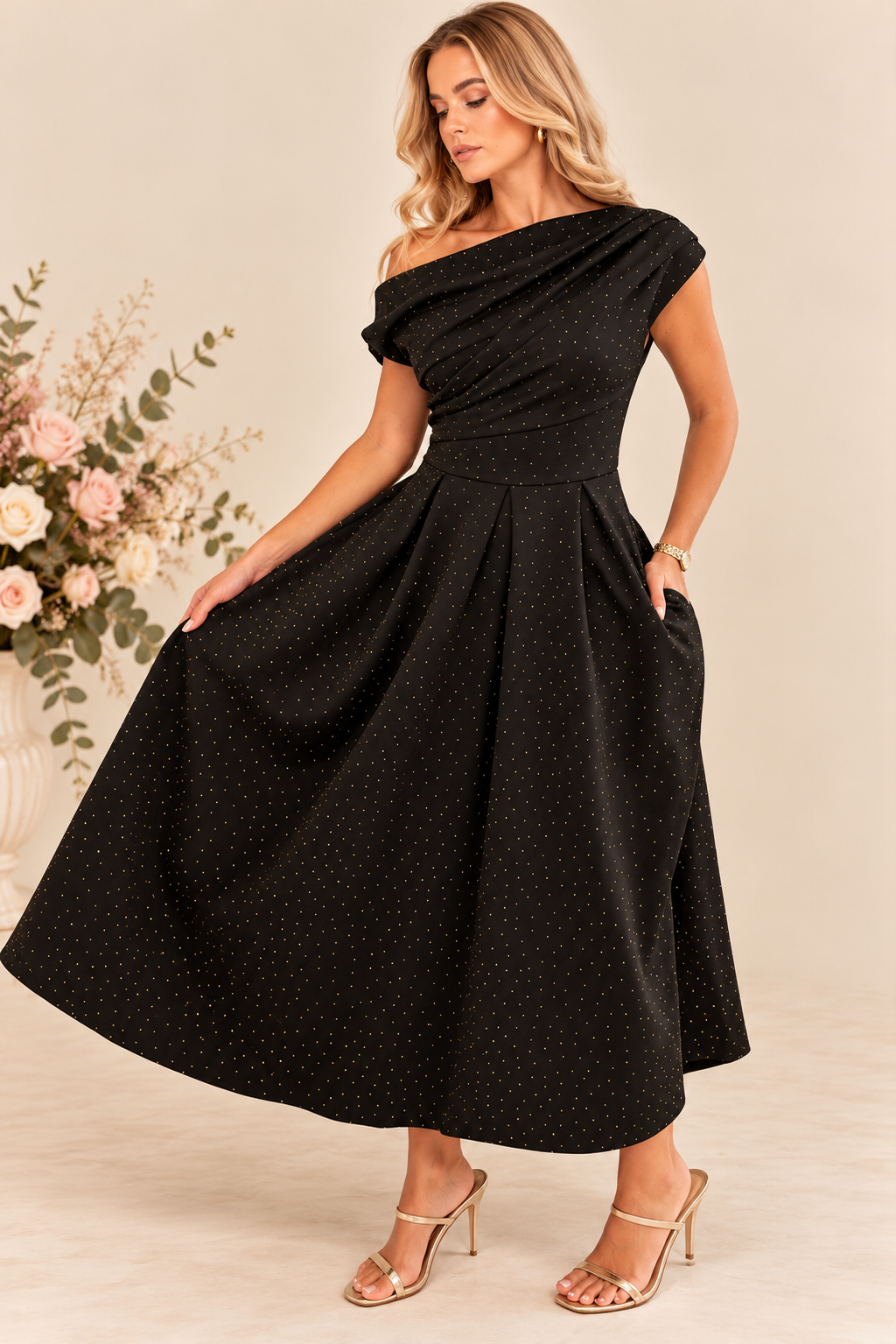 Betty Black and Gold Sparkle Asymmetric Neckline Skater Midi Dress With Pockets