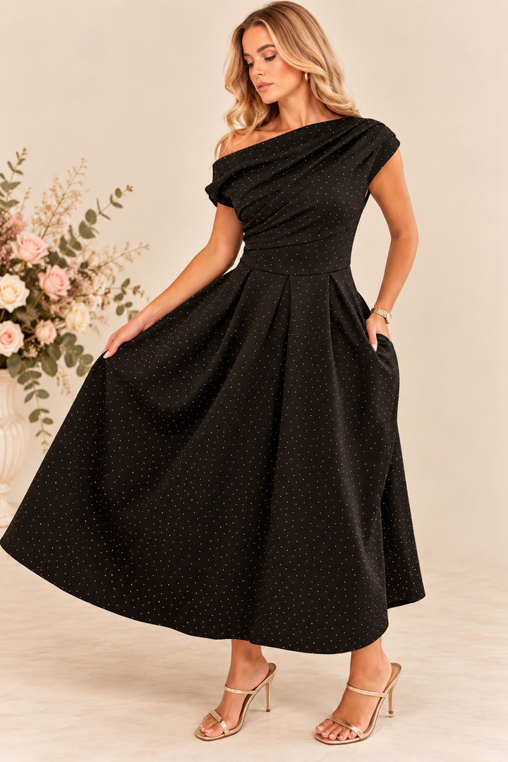 Betty Black and Gold Sparkle Asymmetric Neckline Skater Midi Dress With Pockets