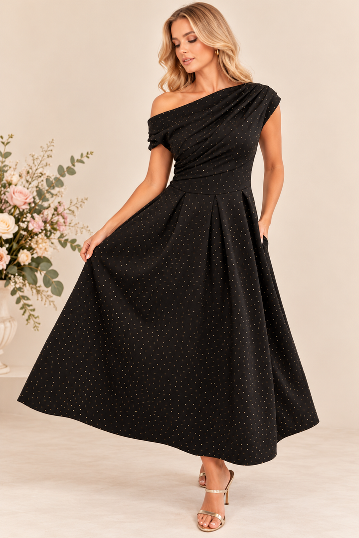 Betty Black and Gold Sparkle Asymmetric Neckline Skater Midi Dress With Pockets