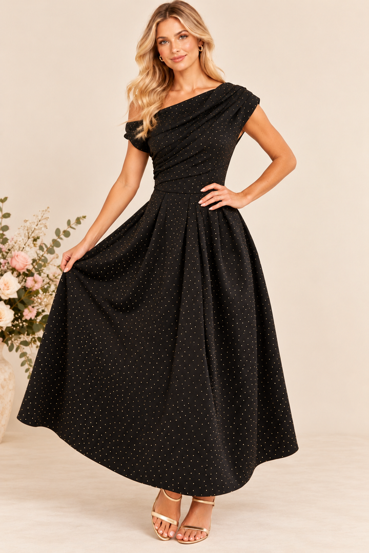 Betty Black and Gold Sparkle Asymmetric Neckline Skater Midi Dress With Pockets