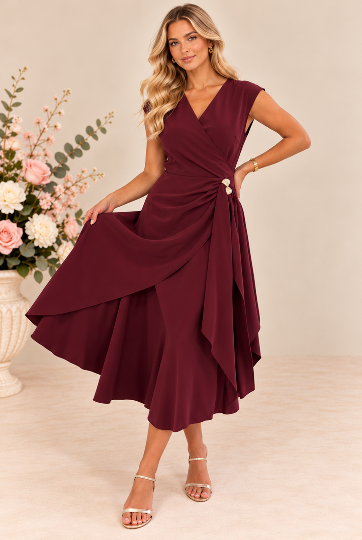 Annette Berry Red Wrap Buckle Detail Midi Dress