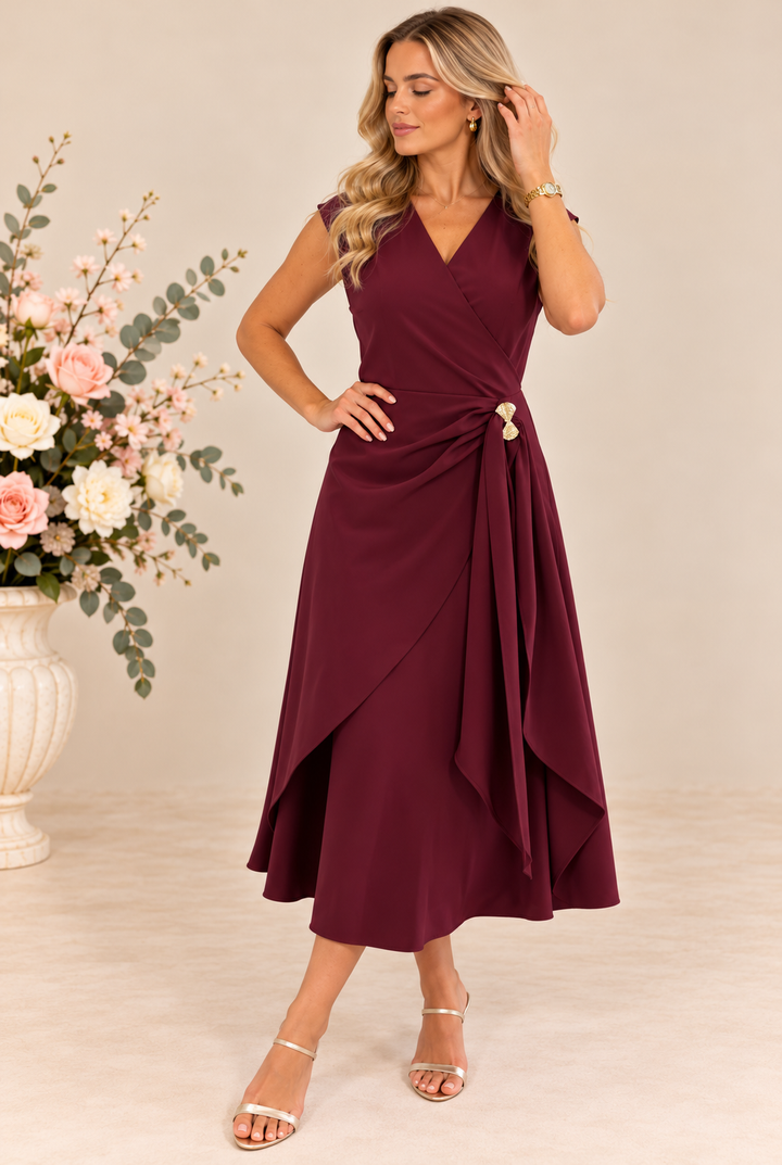 Annette Berry Red Wrap Buckle Detail Midi Dress