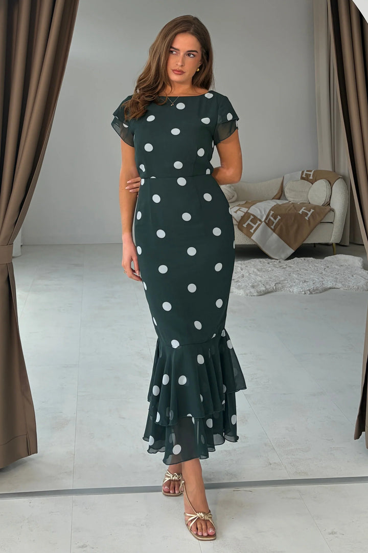 Roxy Green Polka Dot Boat Neck Frill Bodycon Midi Dress
