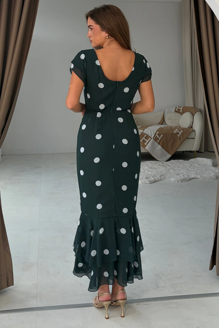 Roxy Green Polka Dot Boat Neck Frill Bodycon Midi Dress