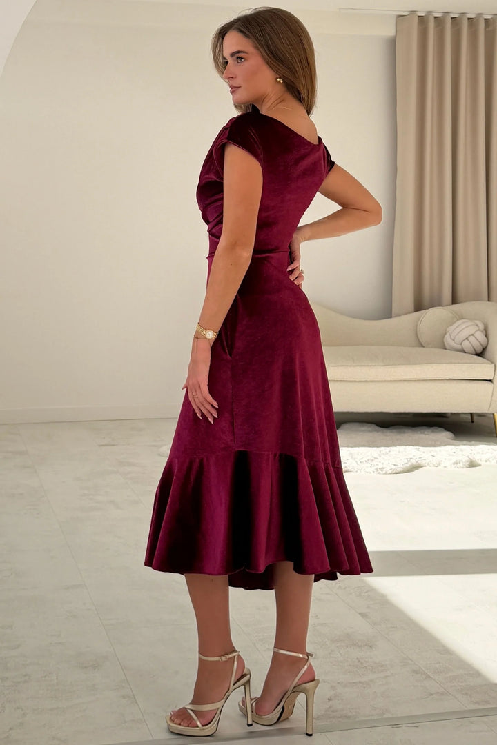 Felicity Berry Velvet Asymmetric Frill Midi Dress