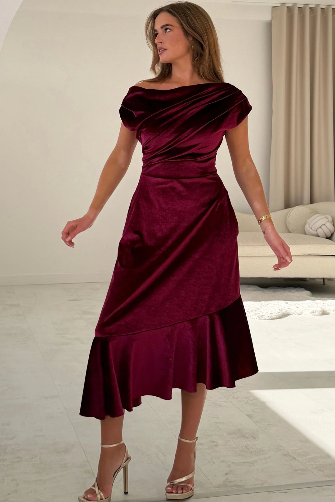 Felicity Berry Velvet Asymmetric Frill Midi Dress