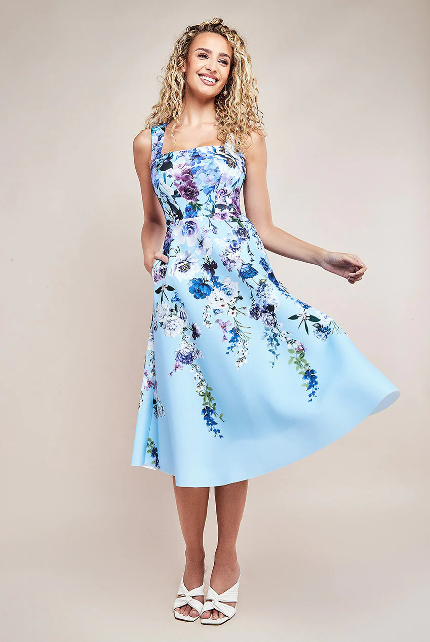 Florence Blue Floral Scuba Foam Sleeveless Midi Dress