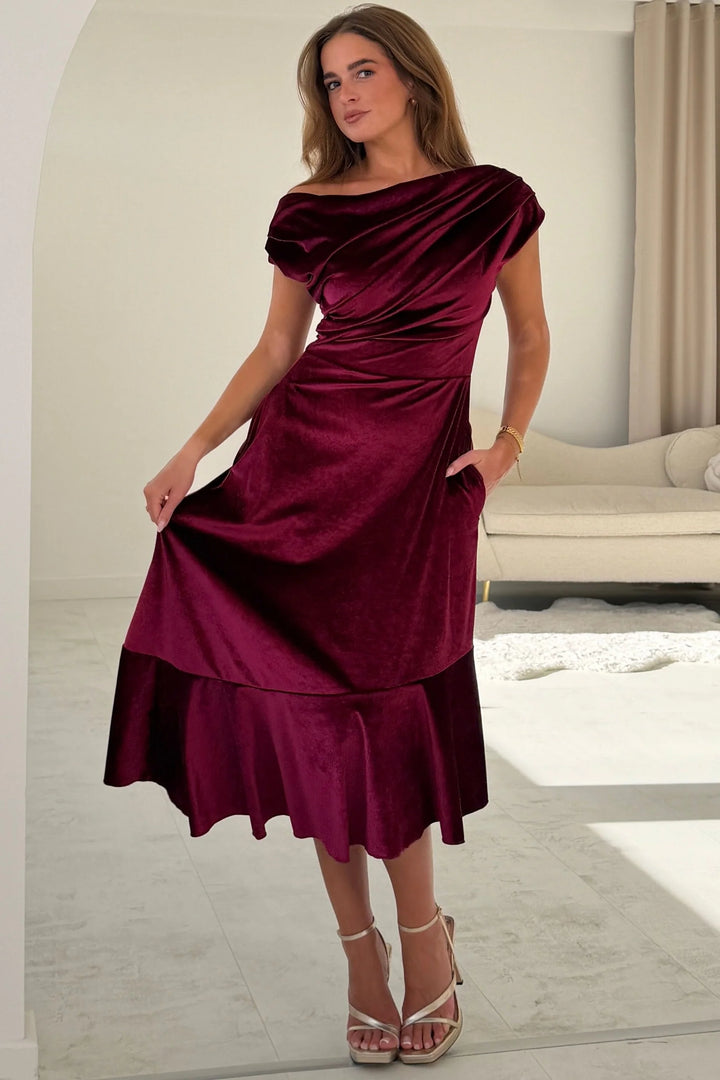 Felicity Berry Velvet Asymmetric Frill Midi Dress