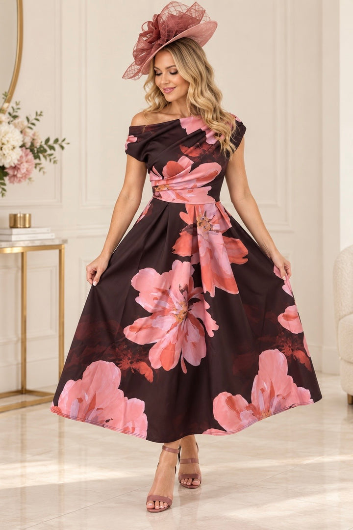 Betty Brown & Pink Floral Asymmetric Neckline Skater Maxi Dress With Pockets