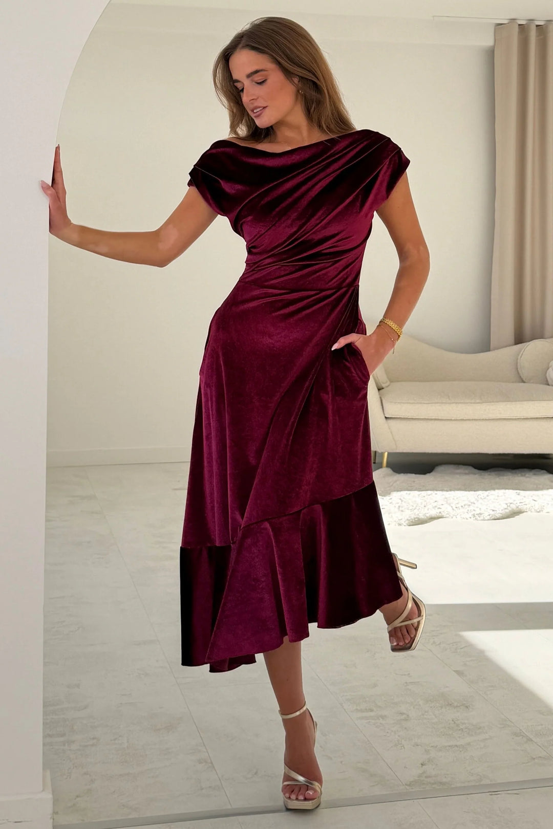 Felicity Berry Velvet Asymmetric Frill Midi Dress