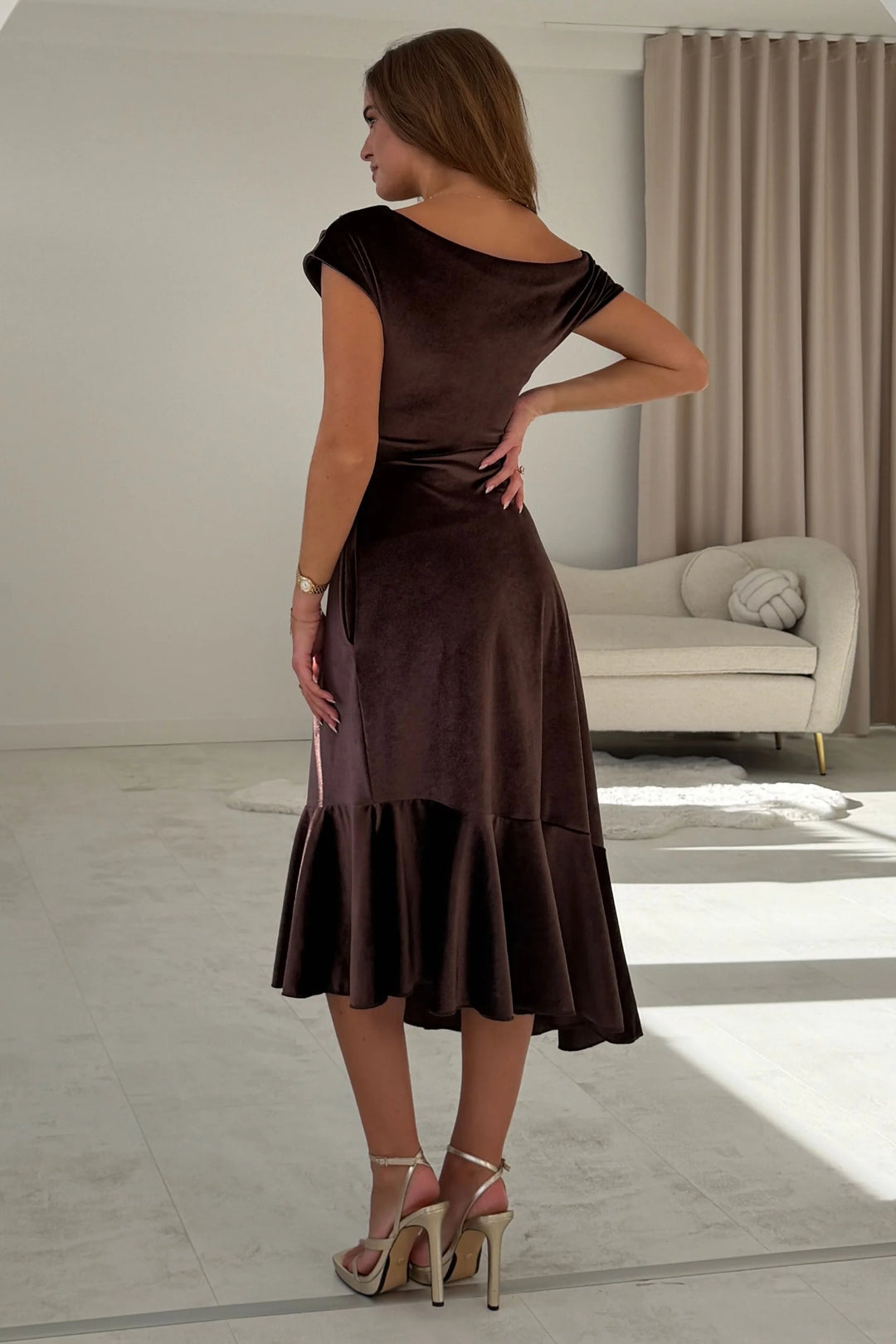 Felicity Chocolate Brown Velvet Asymmetric Frill Midi Dress