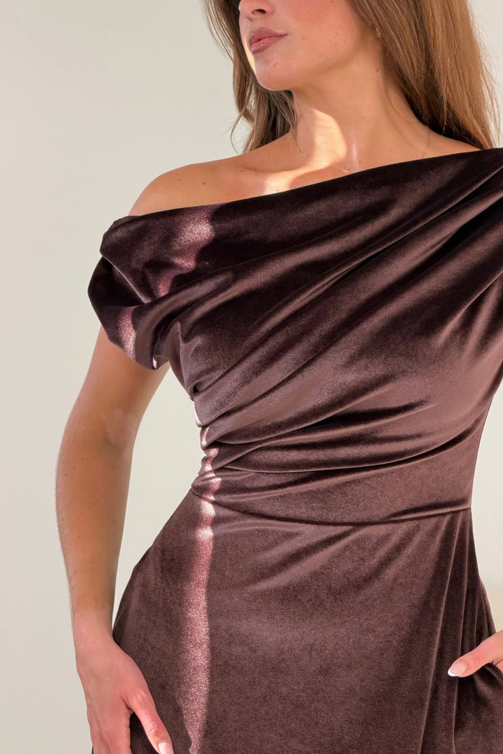 Felicity Chocolate Brown Velvet Asymmetric Frill Midi Dress