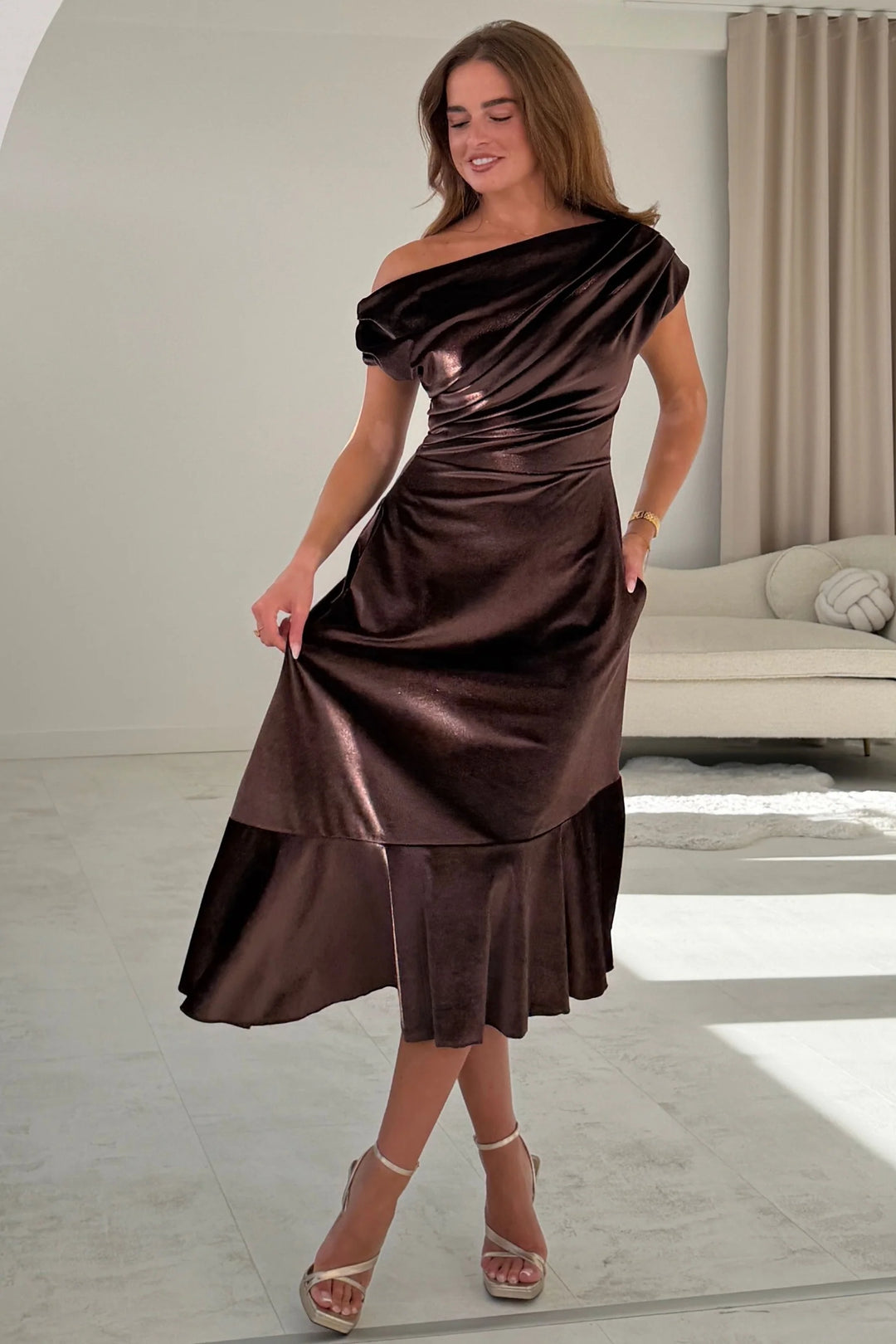 Felicity Chocolate Brown Velvet Asymmetric Frill Midi Dress