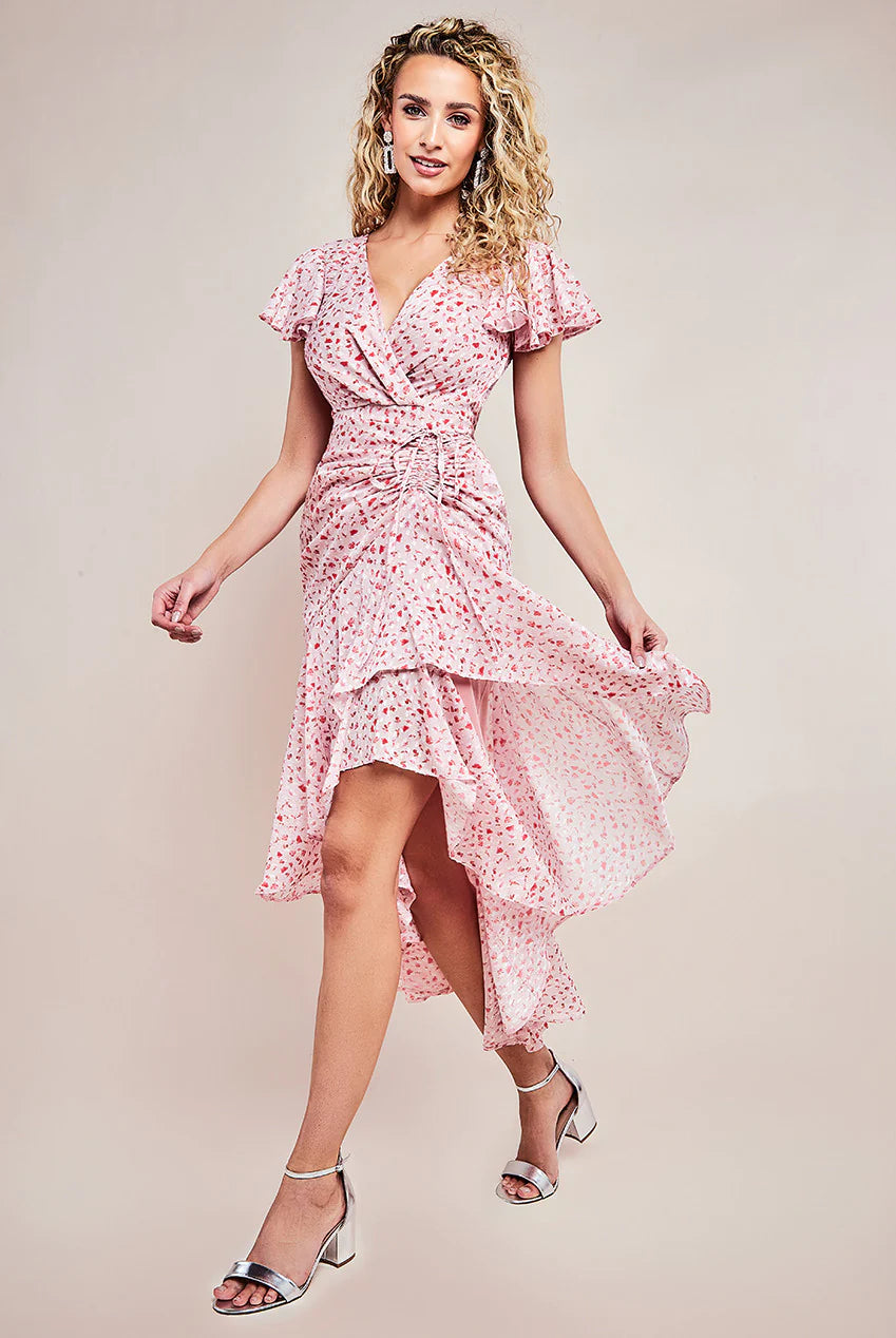Rosalie Pale Pink Floral Dip Hem Short Sleeve Tiered Midaxi Dress