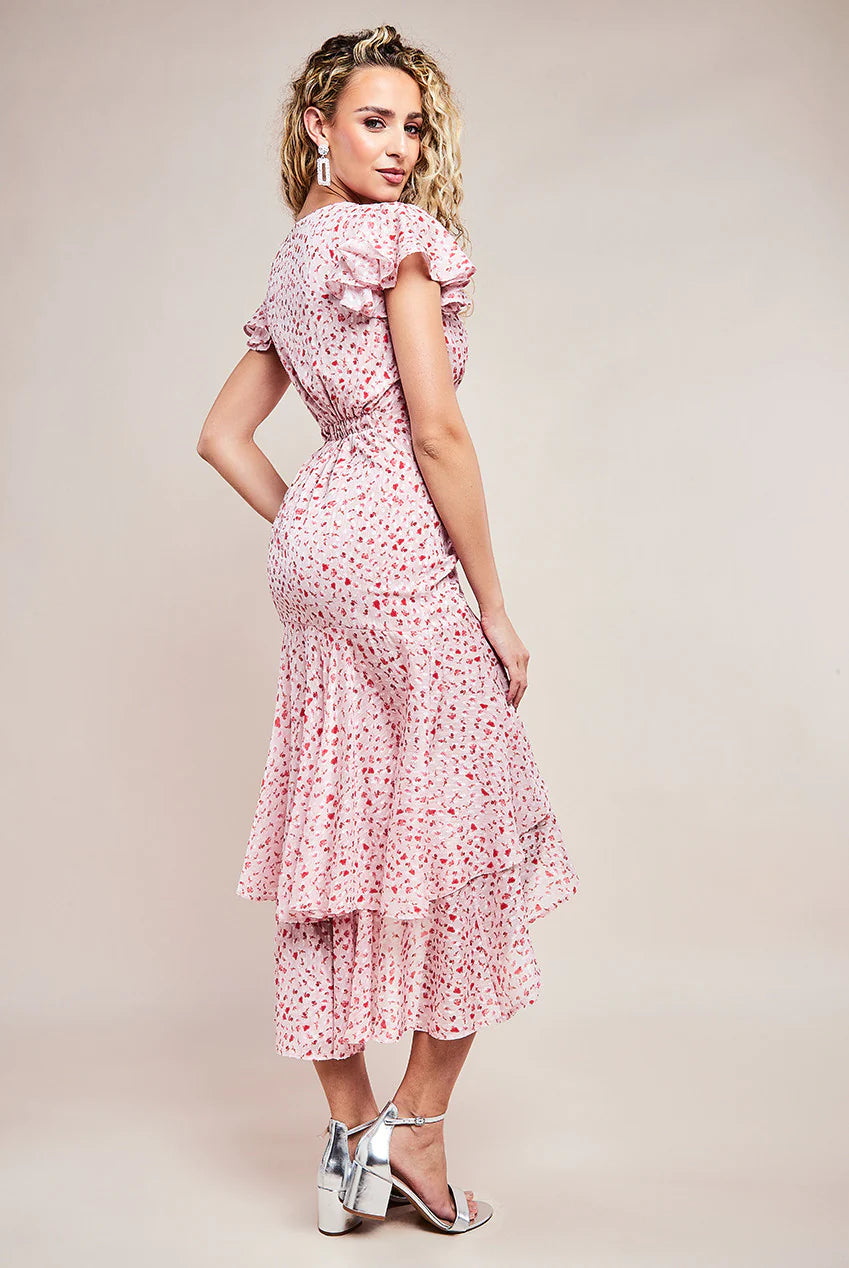 Rosalie Pale Pink Floral Dip Hem Short Sleeve Tiered Midaxi Dress