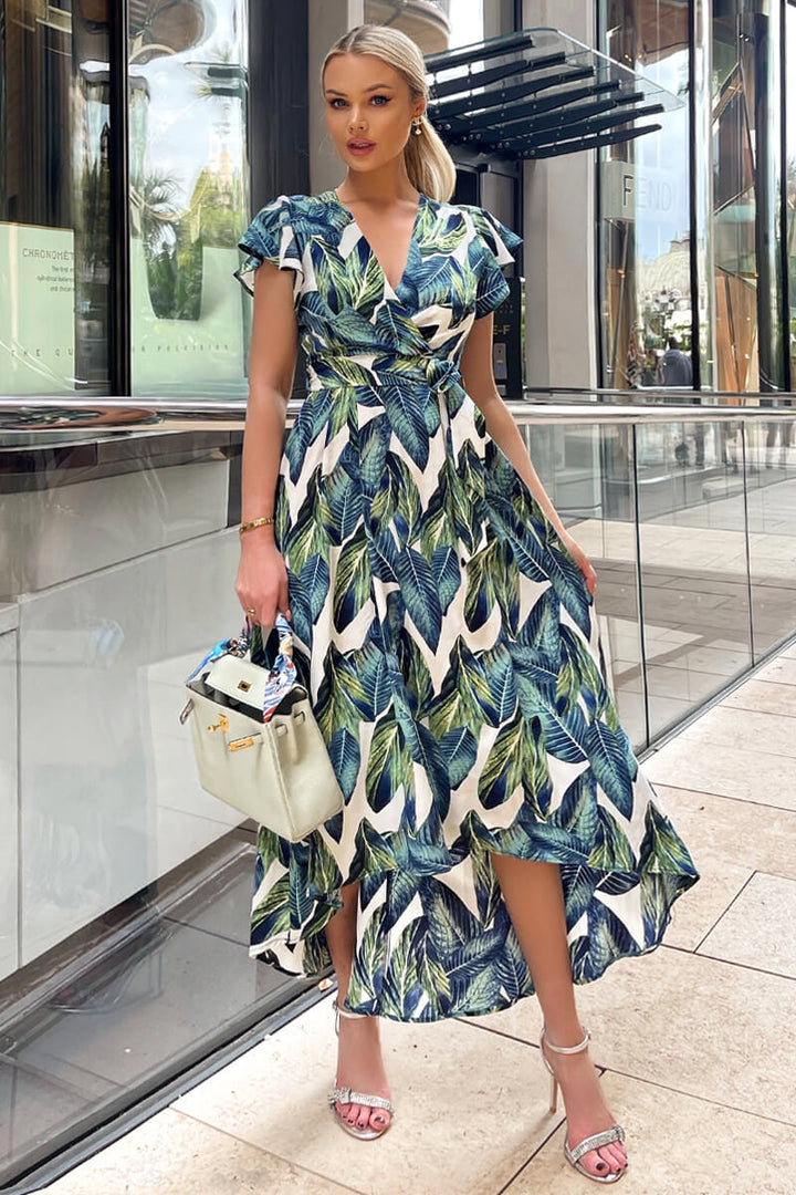 Dominica Green/Blue Leaf Print Belted Short Sleeve Wrap Maxi Dress