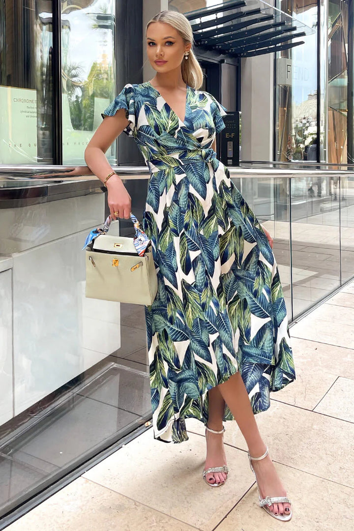 Dominica Green/Blue Leaf Print Belted Short Sleeve Wrap Maxi Dress