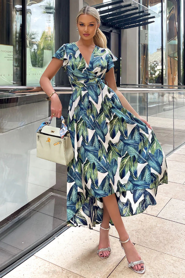 Dominica Green/Blue Leaf Print Belted Short Sleeve Wrap Maxi Dress