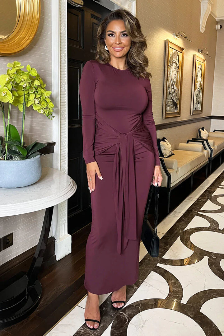 Hannah Plum Burgundy Long Sleeve Sash Tie Front Bodycon Maxi Dress