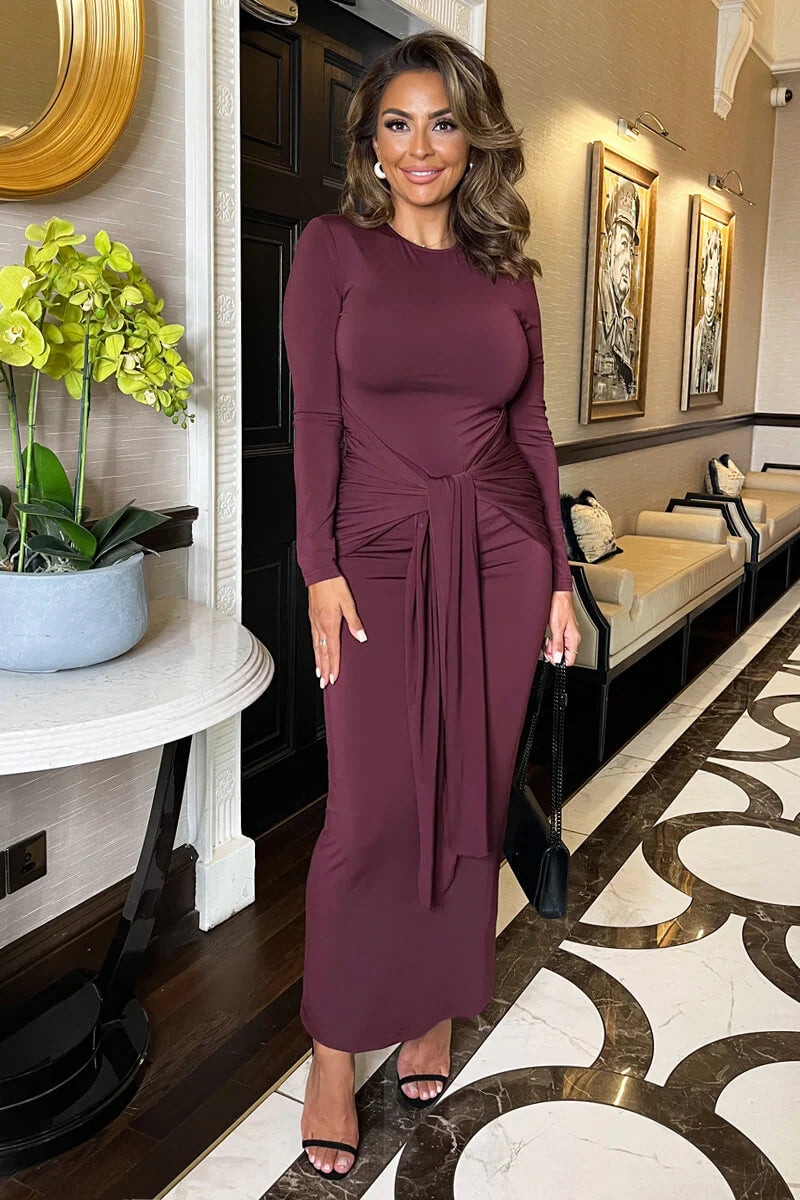 Hannah Plum Burgundy Long Sleeve Sash Tie Front Bodycon Maxi Dress | LittleMadam Hannah Plum Burgundy Long Sleeve Sash Tie Front Bodycon Maxi Dress | LittleMadam