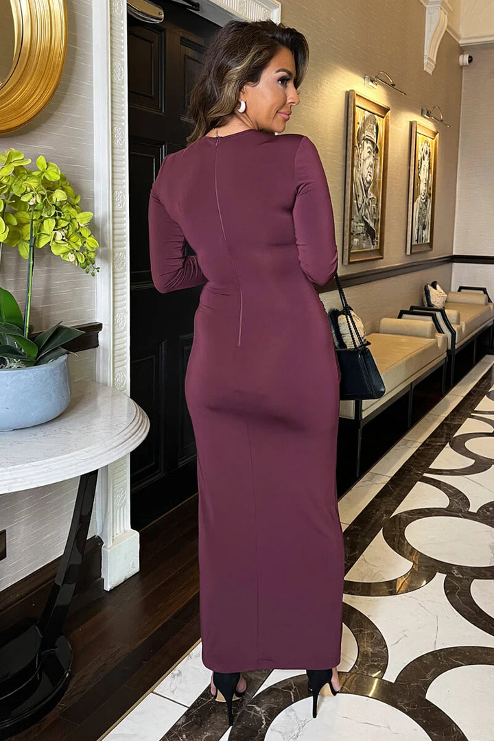 Hannah Plum Burgundy Long Sleeve Sash Tie Front Bodycon Maxi Dress