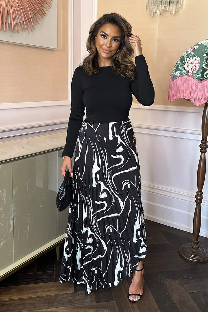 Lauren Black Stripe Print 2 in 1 Long Sleeve Pleated Asymmetric Hem Maxi Dress (TALL)