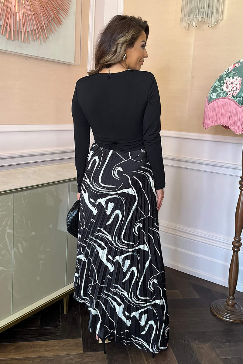 Lauren Black Stripe Print 2 in 1 Long Sleeve Pleated Asymmetric Hem Maxi Dress TALL