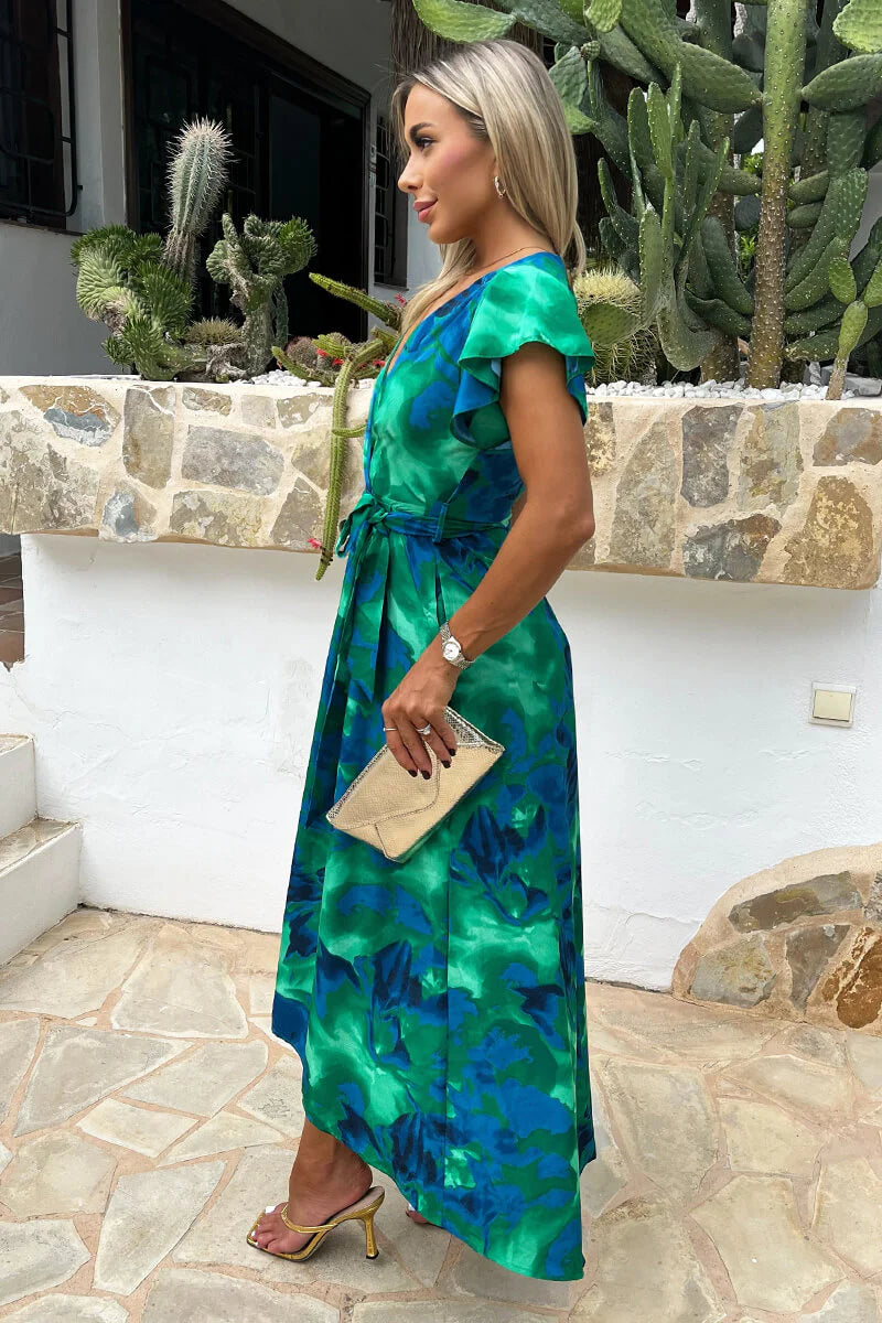 Dionne Green & Blue Abstract Print Short Sleeve Belted Dip Hem Midi Dress | LittleMadam Dionne Green & Blue Abstract Print Short Sleeve Belted Dip Hem Midi Dress | LittleMadam