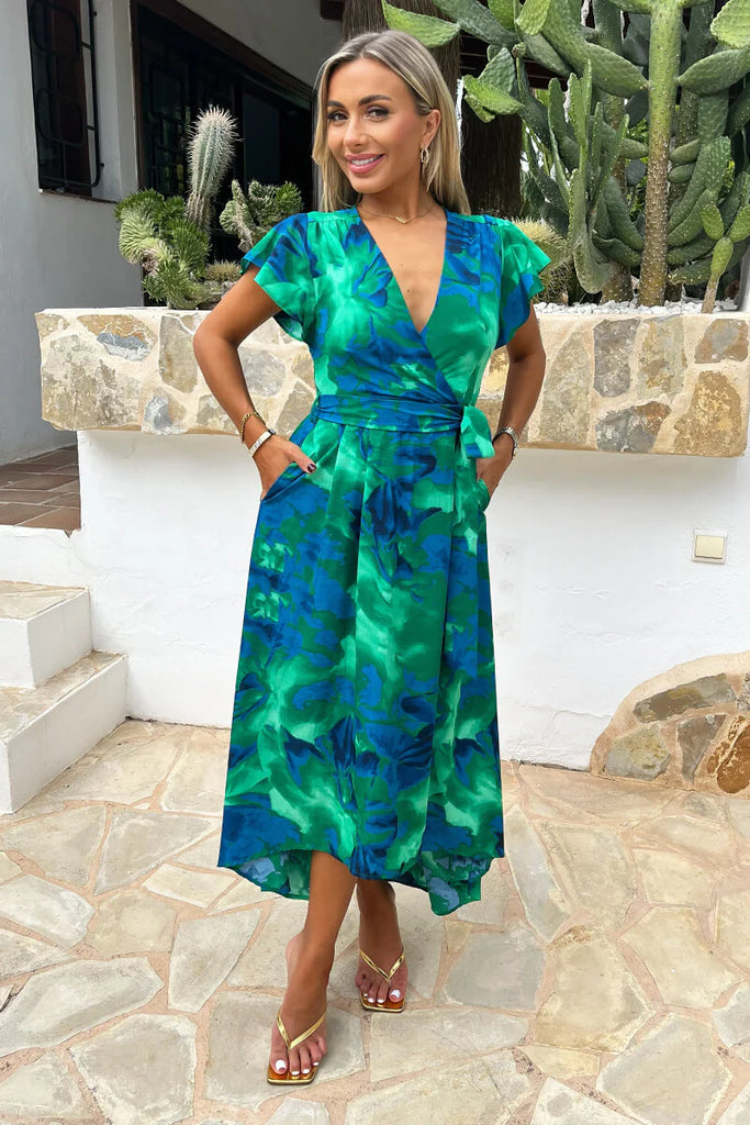 green and blue abstract dress Dionne & Print Short Sleeve Belted Dip Hem Midi 3d flower prom dresses