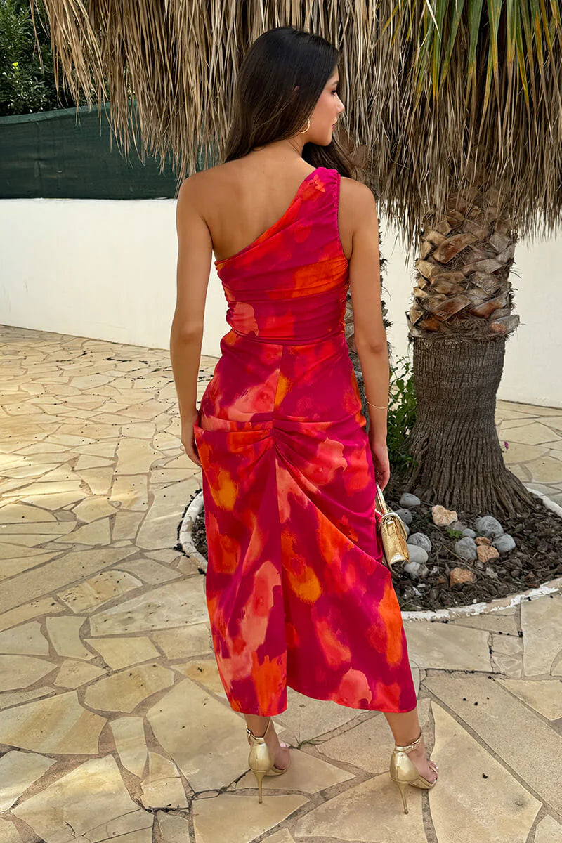 Zoe Pink & Orange Smudge Print One Shoulder Knot Skirt Ruched Bodycon Midi Dress