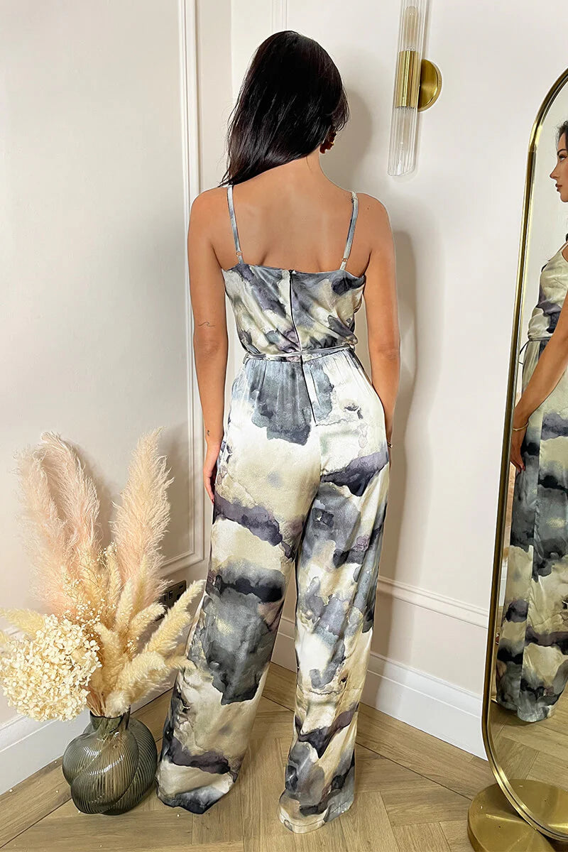 Kitty Multi Marble Print Strappy Tie Waist Wide Leg Jumpsuit