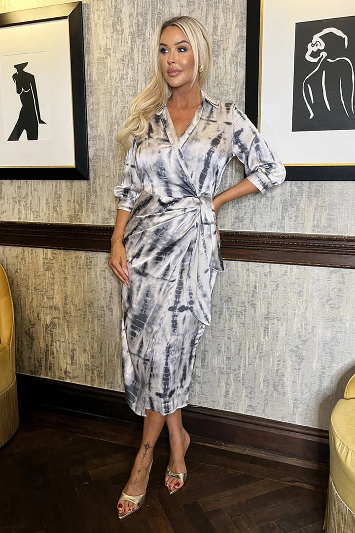 Tia Grey & White Printed 3/4 Sleeve Side Tie Waist Wrap Shirt Midi Dress