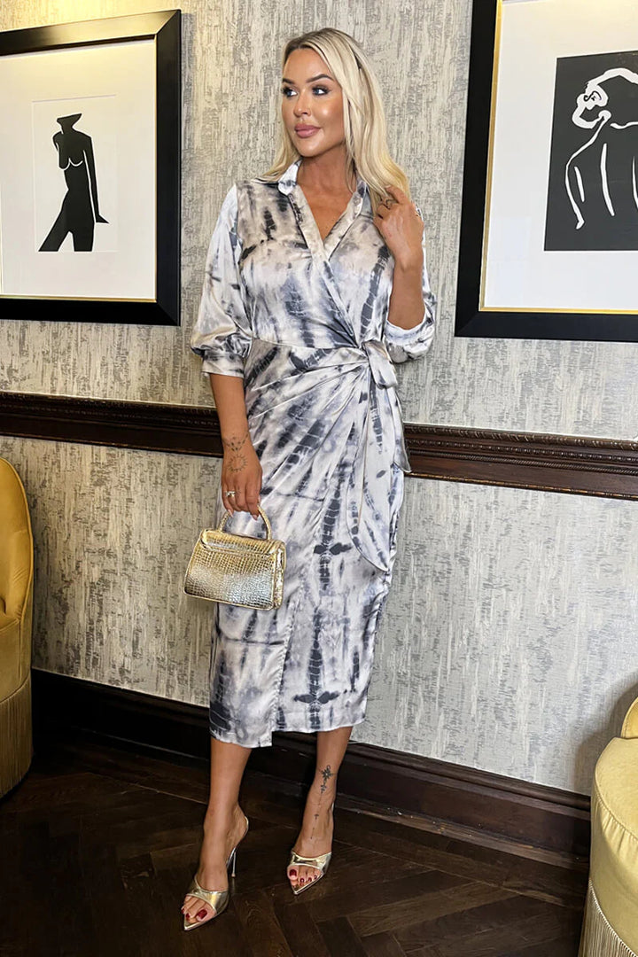 Tia Grey & White Printed 3/4 Sleeve Side Tie Waist Wrap Shirt Midi Dress