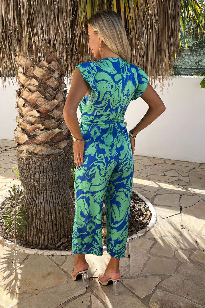 Rita Green & Blue Abstract Printed Wrap Top Satin Belted Cropped Leg Jumpsuit