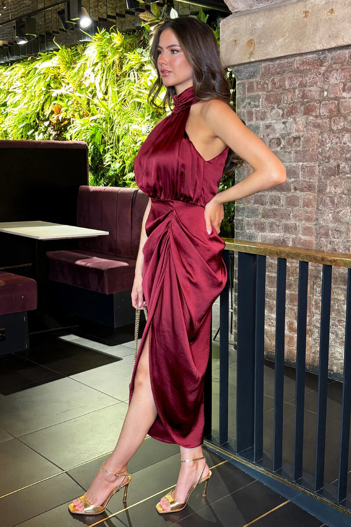 Cici Burgundy Wine Halter Neck Gathered Skirt Midi Dress
