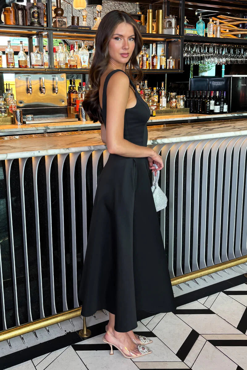 Darcy Black Square Neck Sleeveless Midi Dress With Pockets