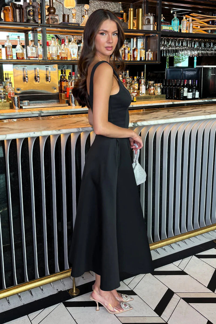 Darcy Black Square Neck Sleeveless Midi Dress With Pockets