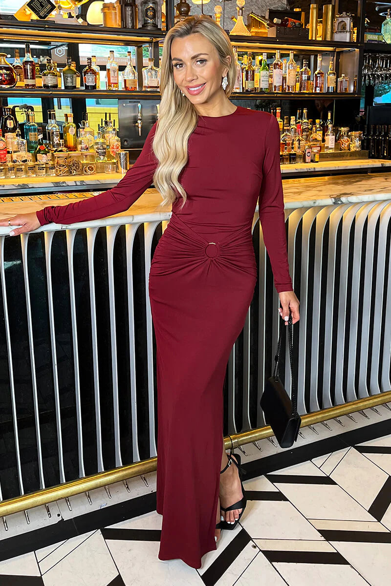 Faith Burgundy Long Sleeve O-Ring Long Sleeve Bodycon Maxi Dress