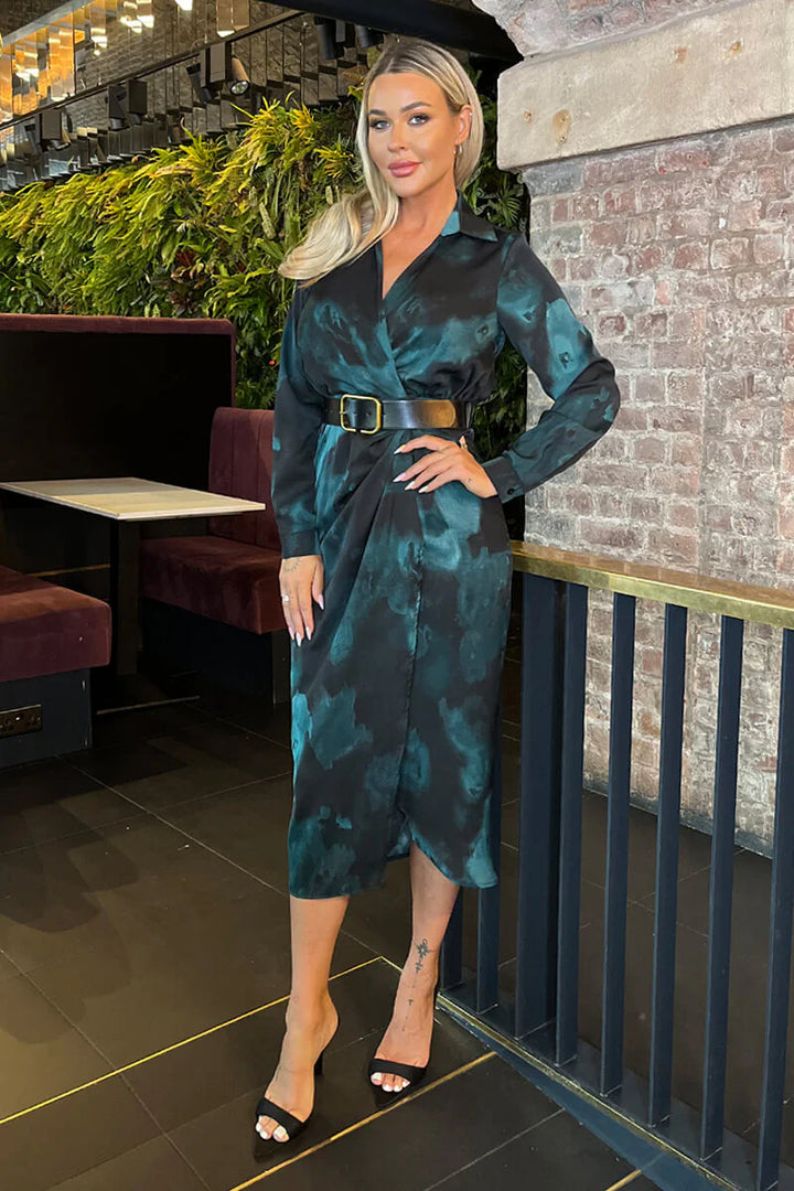 Sienna Teal and Black Multi Smudge Print Long Sleeve Belted Wrap Collared Midi Dress