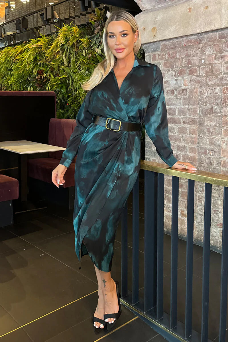 Sienna Teal and Black Multi Smudge Print Long Sleeve Belted Wrap Collared Midi Dress