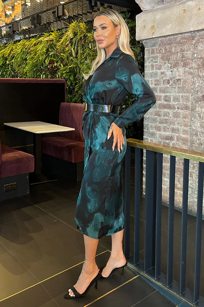 Sienna Teal and Black Multi Smudge Print Long Sleeve Belted Wrap Collared Midi Dress