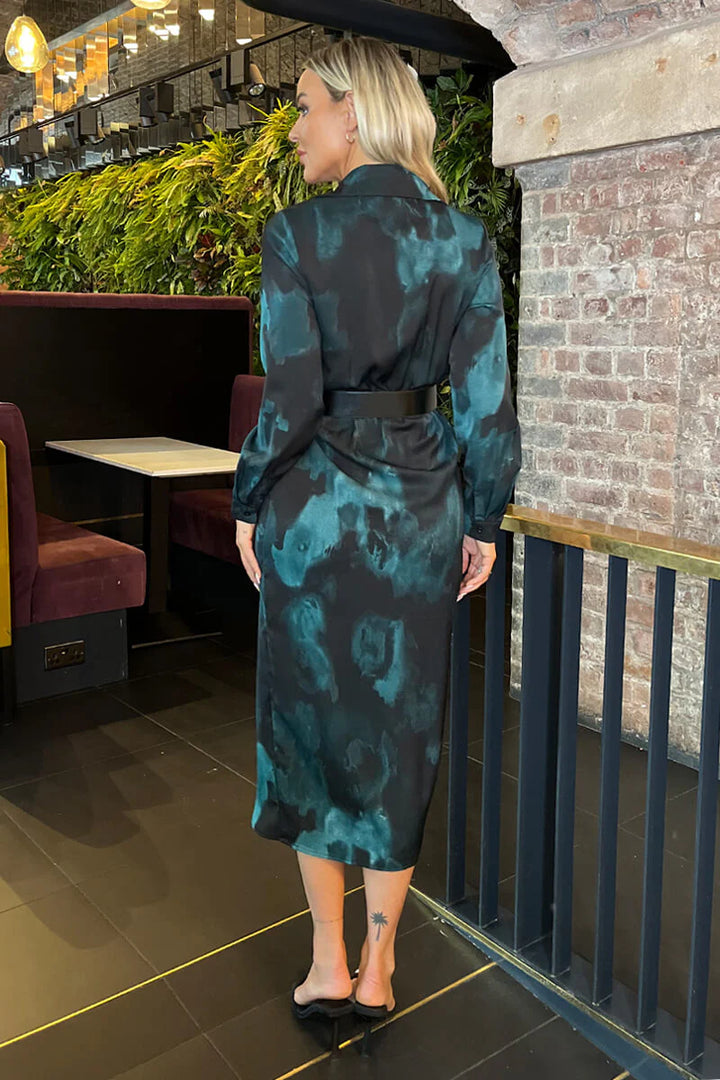 Sienna Teal and Black Multi Smudge Print Long Sleeve Belted Wrap Collared Midi Dress